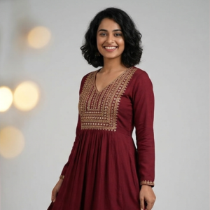 Deep Maroon Rayon Anarkali Kurti with Embroidery