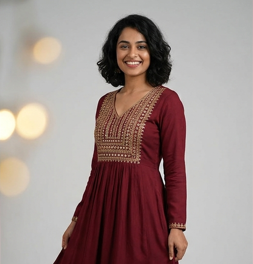 Deep Maroon Rayon Anarkali Kurti with Embroidery