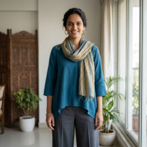 Teal Asymmetric Hand-Loomed Cotton Indo-Western Tunic Set